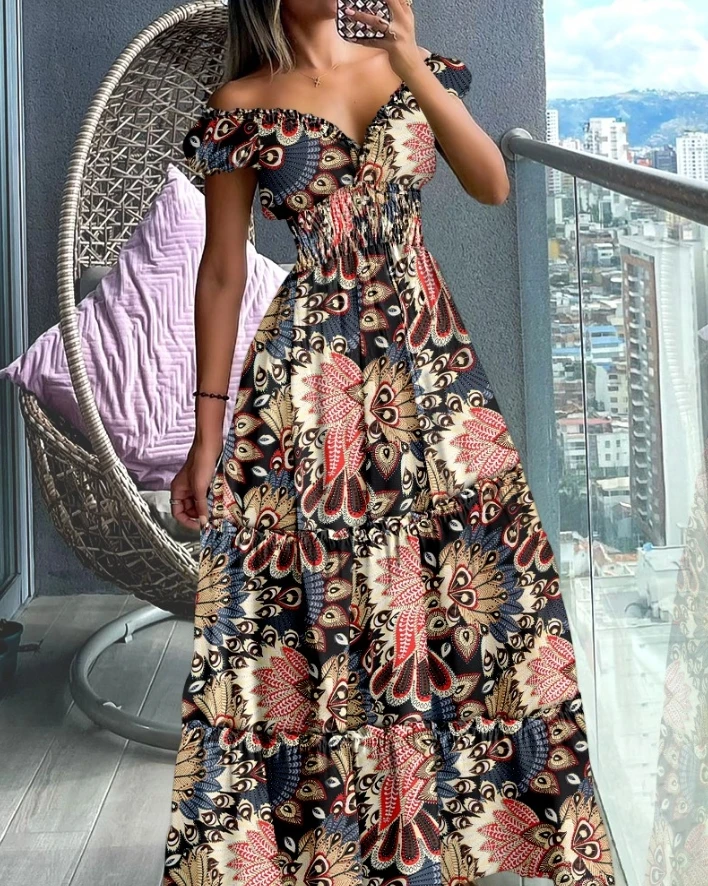 

Women's Summer Dress New Flower Retro Print One Shoulder Gift Dress Waist Raging Party V-Neck Long Dress Vacation and Leisure