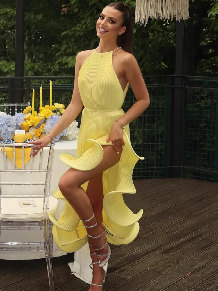 Robe longue maxi chic pour femme, style romantique, à col licou et à lacets, en maille côtelée, à volants, fendue haute, coupe ajustée, tendance printemps 2026, Vestidos 1 Robe longue maxi chic pour femme, style romantique, à col licou et à lacets, en maille côtelée, à volants, fendue haute, coupe ajustée, tendance printemps 2026, Vestidos 1