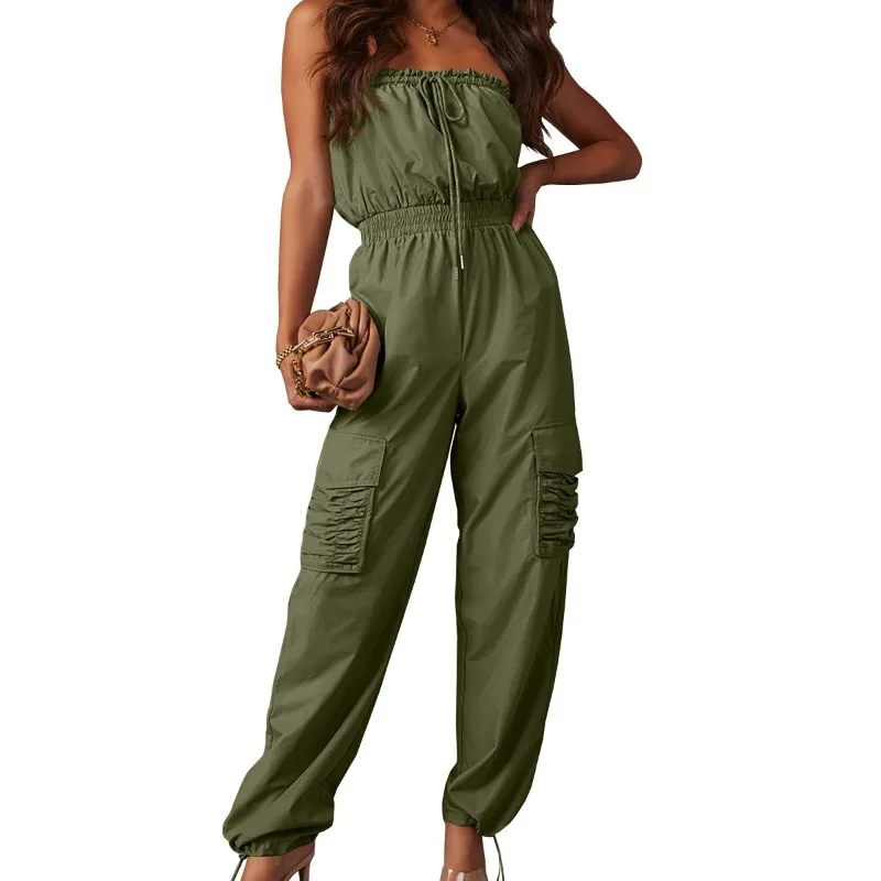 

2024 Spring Summer New Women's Clothing Solid Color Fashion Sexy Tube Top Lace-up Fitted Waist Pleated Backless Jumpsuit