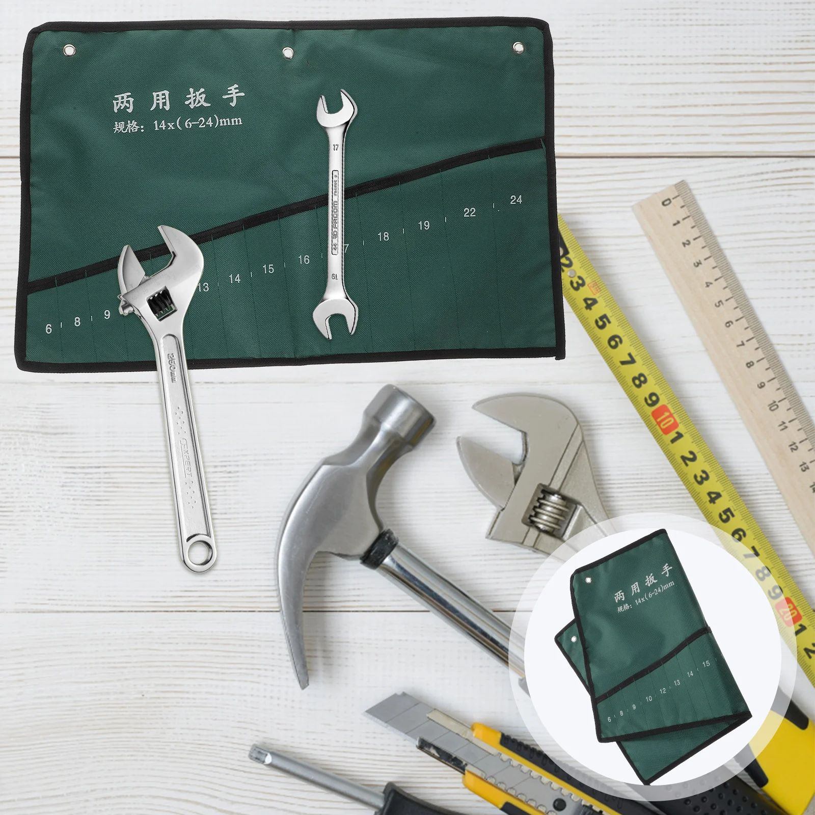 

Canvas Roll Up Tools Storage Bag 14-Pocket Spanner Wrench Organizer Pouch Dual-Purpose Wrench Storage Bag(Random pattern)