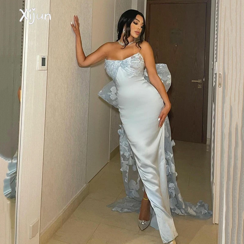

Xijun Dusty Mermaid Prom Gowns Sweetheart Detachable Back Bow Long Party Gown Applique Saudi Arabia Evening Dresses For Women