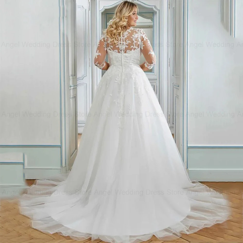 ANGEL Elegant Plus Size Wedding Dresses V-Neck Applique 3/4 Sleeves Bridal Gowns A-Line Sweep Train robe de mariée bohème 2