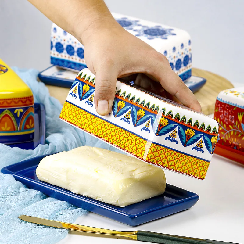 Bohemian Style Butter Container Ceramic Box Restaurant Sealed Storage Box Cheese Boxs Butter Slicer Dish Tableware