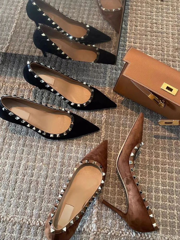 Spring 2024 new temperament Maillard cashmere rivet single shoes with pointed stilettos and short-toed high heels for women.