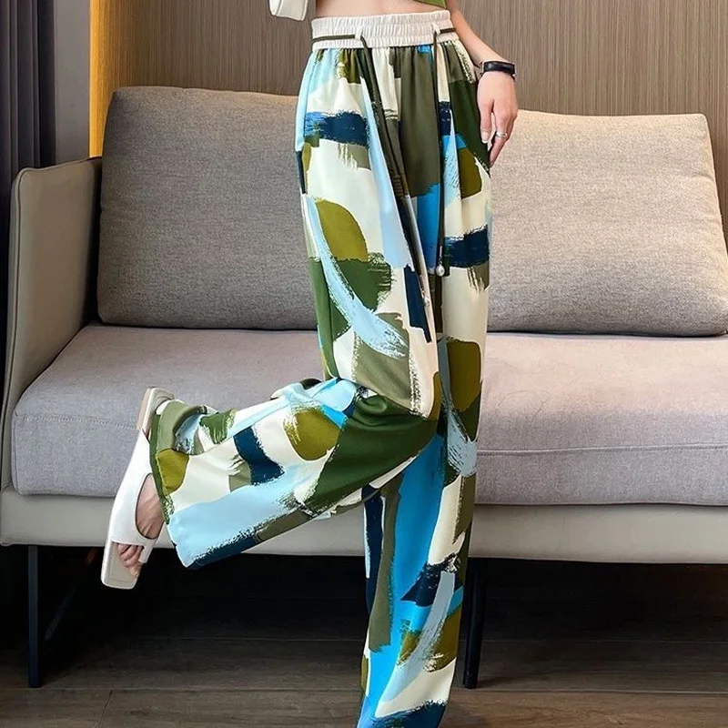 2023 Summer Slim Fashion Trend Loose Fitting Casual High Waisted Drape Tie Dyed Slimming Straight Overasiz Women's Casual Pants