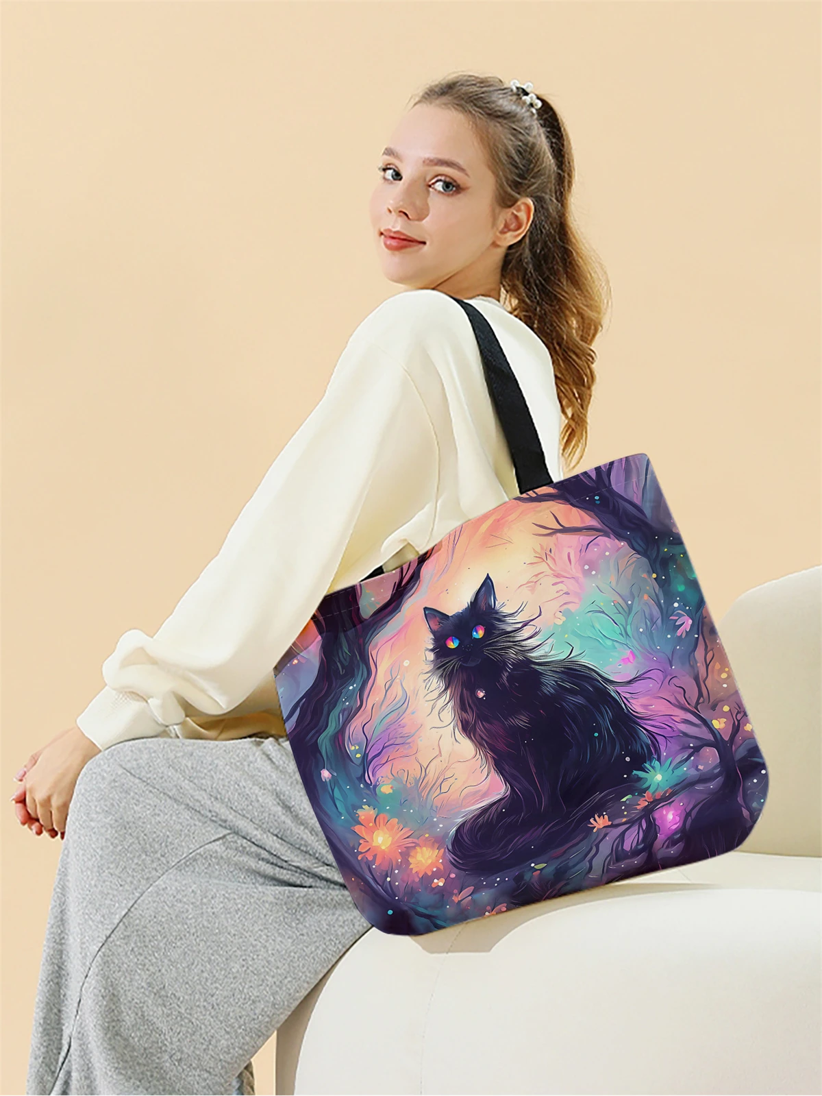 1pc,Black Forest cat handbag, reusable fashionable handbag, multifunctional handbag, printed canvas shopping bag