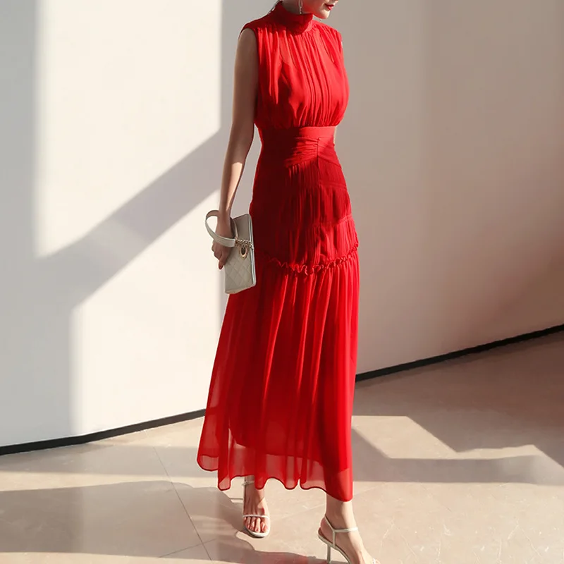 

SuperAen Holiday Style Elegant Dress 2023 New Sleeveless High Waist Gauze Long Dress for Women