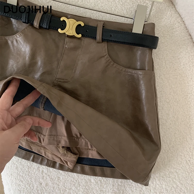 DUOJIHUI Brown American Chic Belt High Waist Slim Female Skirts Autumn New Basic A-line Fashion Zipper Pocket Simple Women Skirt