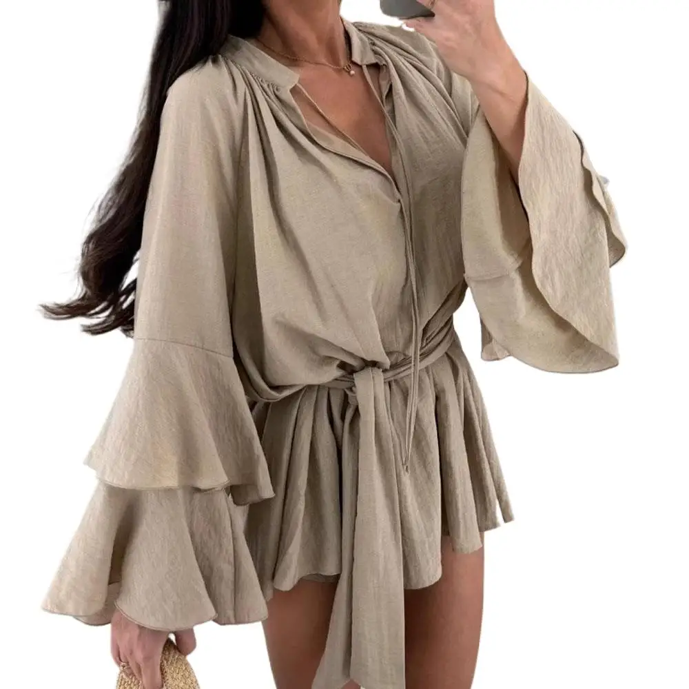 Women Summer V Neck Ruffle Dress Long Flare Sleeve Solid Blouse