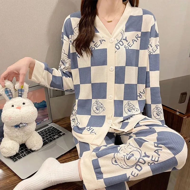 

SUO&CHAO Spring Autumn New Pajamas Sets For Womens Long Sleeve V-Neck Cardigan And Long Pants Pyjamas Nightgown Homewear