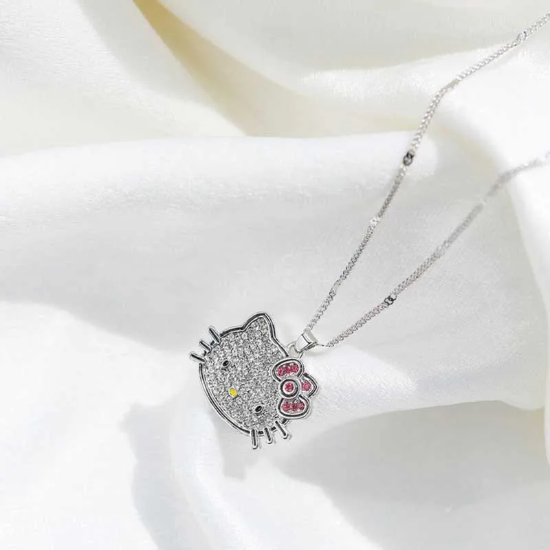 Y2k Hello Kitty Sanrio Necklace with Chain Alloy Silver Crystals Female  Charm Rhinestone Goth Pendant Jewelry Valentine Day Gift