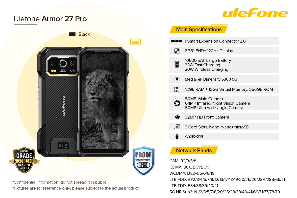Ulefone Armor 27 Pro,24 Гб + 256 Гб,5G Rugged,10600 мАч,6.78'' Display,64MP Night Vision,33W,NFC,Android 14,глобальная версия
