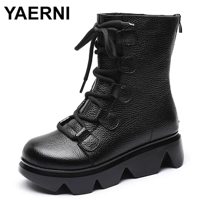 

Женские ботильоны на толстой подошве, коричневые ботинки из натуральной кожи на танкетке, со шнуровкой и боковой молнией, в стиле ретро, для осени