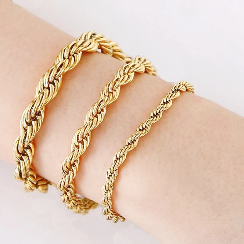 4/6/8Mm Punk 18K Oro Piatto Corda Catena Bracciali Per Uomo Donna Rock Hiphop In Acciaio Inox Intrecciato Corda Collegamento Braccialetto Gioielli