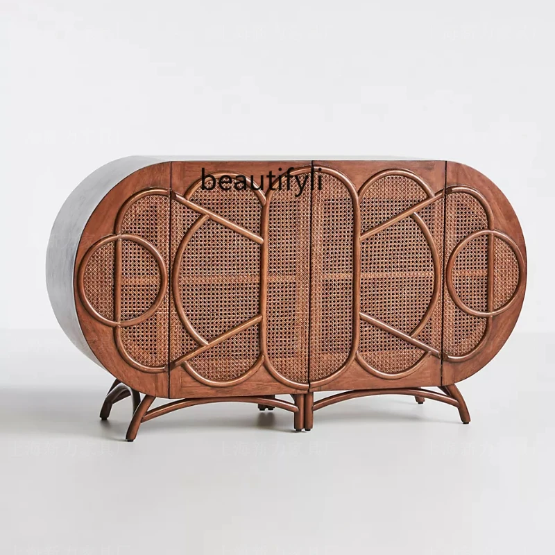 

American Country Solid Wood Sideboard Rattan Carved Mid-Ancient Furniture French Distressed Guest Restaurant Cabinet Export