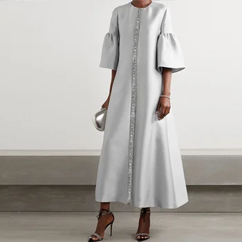 Modigirl Abito da donna in argento di lusso con abbellimenti di cristallo Vestibilità estiva elegante maniche svasate Abiti da sera midi 2025 Nuovo