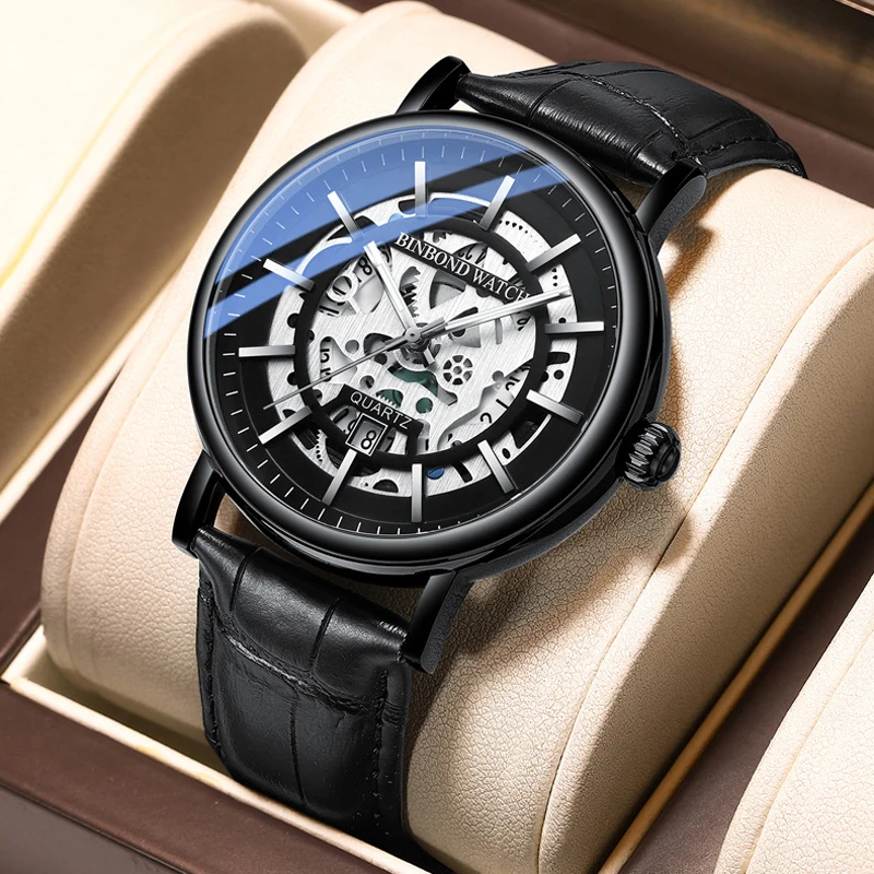 

BINBOND New Fashion Skeleton Dial Quartz Mens Watches Top Brand Luxury Leather Waterproof Date WristWatches Relogio Masculino