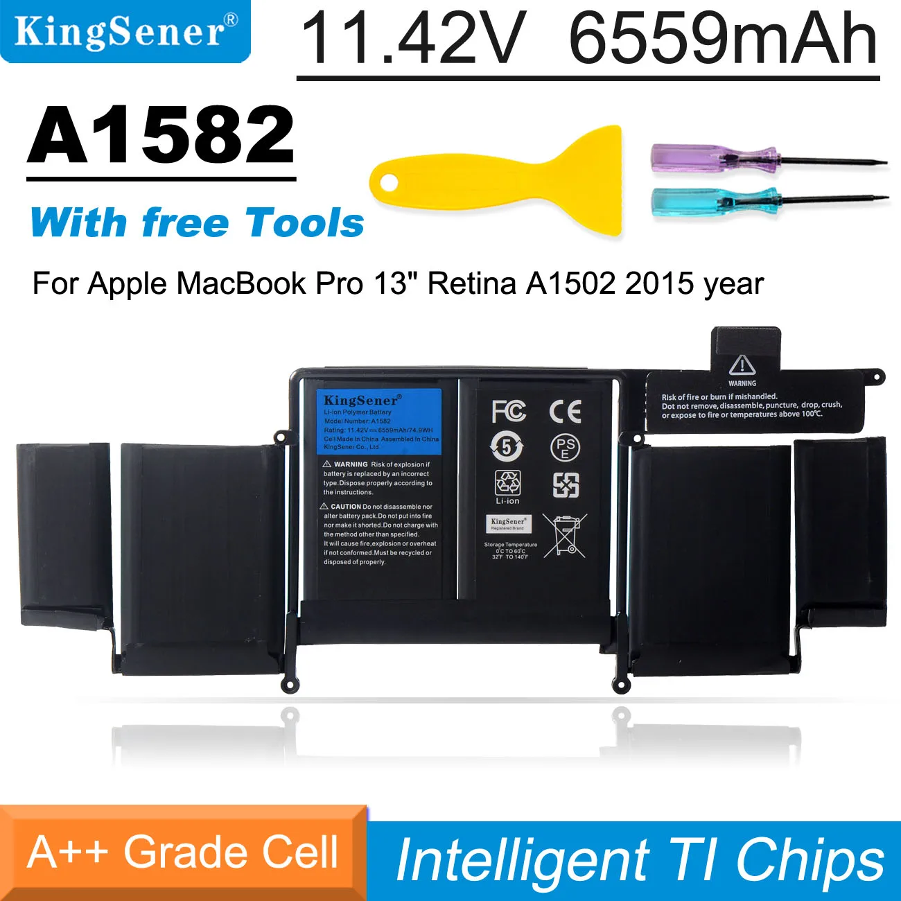 Kingsener A1582 A1493 Laptop Battery For Apple Macbook Pro 13" Retina A1502 2013 2014 2015 Year 020-00010 Free Tools 500+ Cycles
