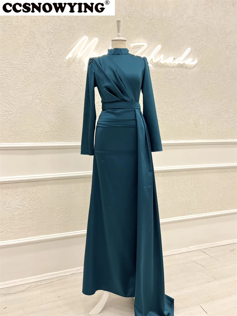 

Simple Satin Hijab Muslim Evening Dresses Long Sleeve A Line Islamic Formal Party Gown Arabic Dubai Women Robes De Soirée