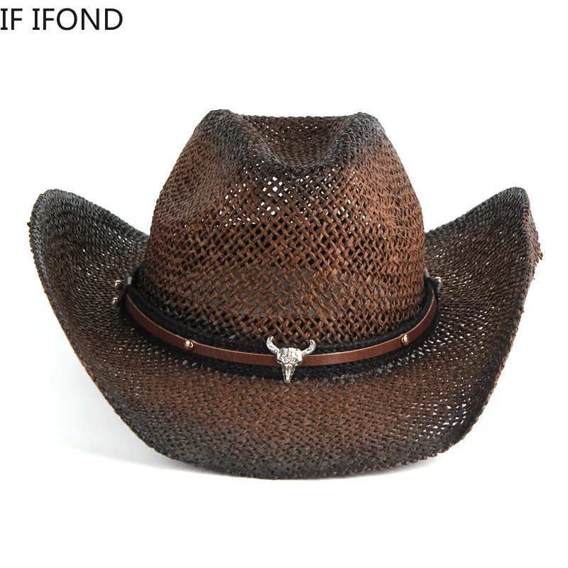 Cappello da cowboy occidentale fatto a mano alla moda, per uomo e donna, estivo, all'aperto, da spiaggia, da sole, in paglia, sombrero hombre_voghion.com