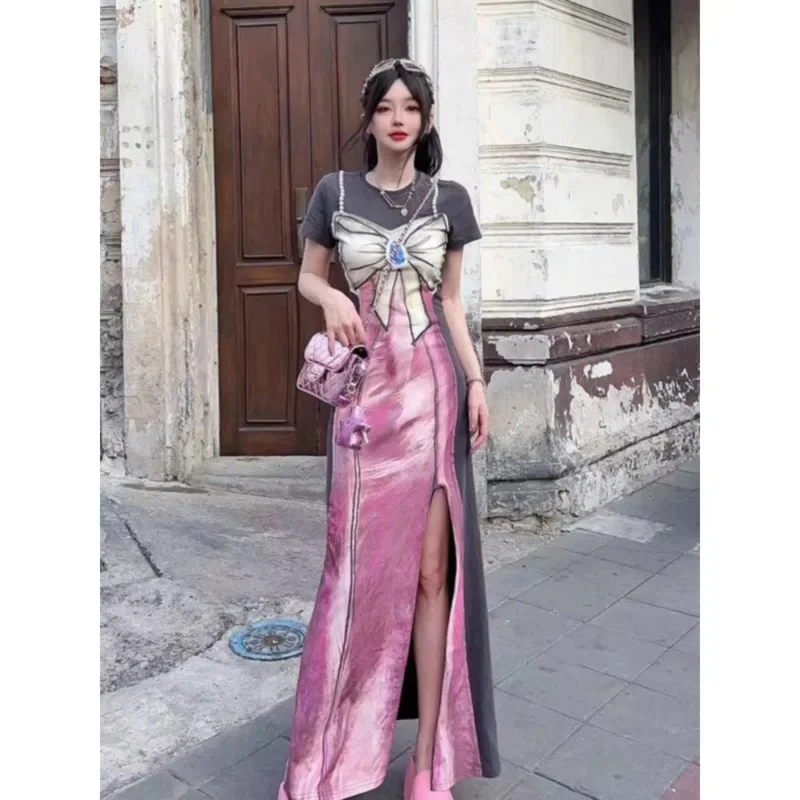 

Pearls Bow Pattern Printing Dress Women 2024 Spring Summer Short Sleeve Split Long Dress Spicy Girl Fashion Slimming Clothing