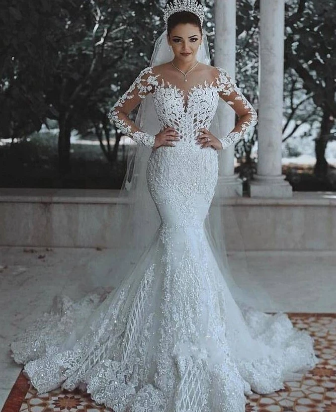 Vestidos de novia de manga larga con cuentas, estilo árabe, sirena online, Primavera, 2022| | AliExpress