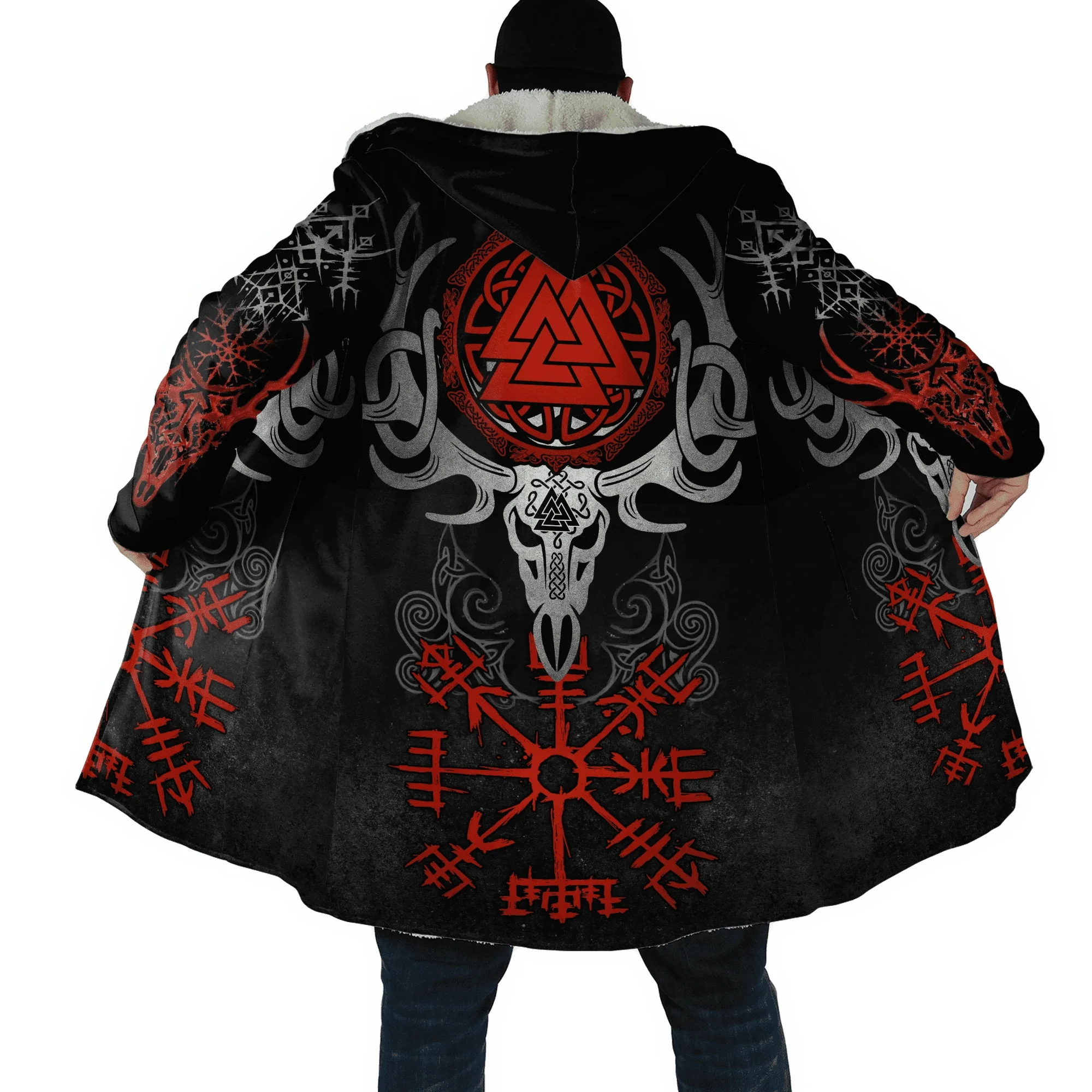 Herren-Umhang Fenrir Wolf Tattoo Vegvisir Rune Tribal 3D-gedruckter Fleece-Kapuzenumhang Unisex Lässiger dicker warmer Cape-Mantel PF81 – Detail 18