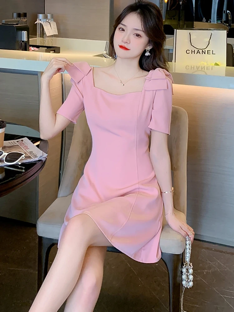 Summer Pink Bow Square Collar Sexy Club Mini Dress Women Fashion Elegant  Party Dress 2023 Korean Bodycon Casual Evening Vestidos