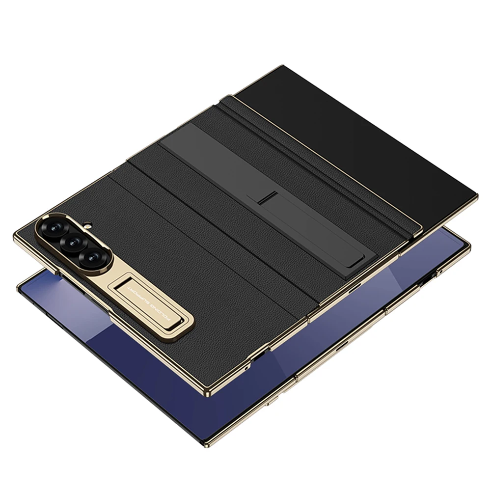 Premium TriFold Magnetic Leather Flip Phone Case with 9H Glass Protector & Kickstand Bracket
