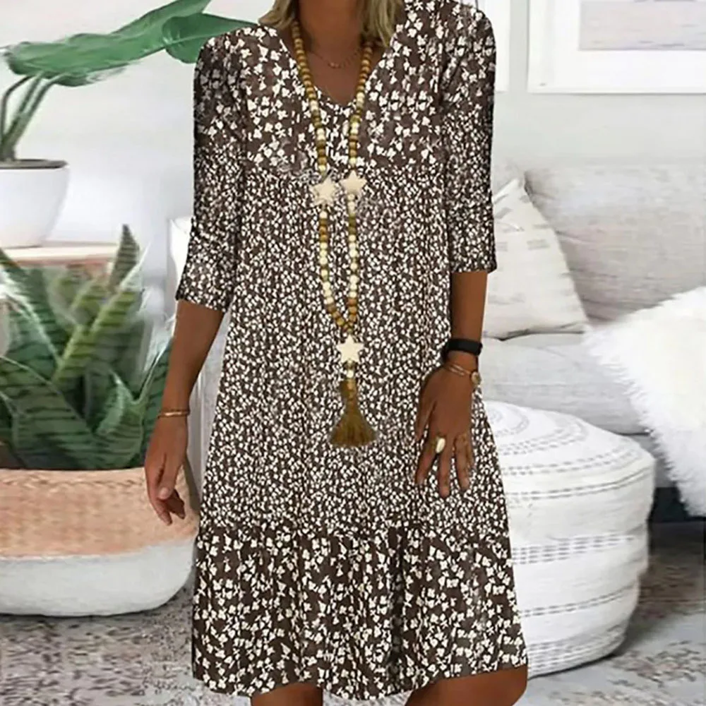 

Women V Neck Half Sleeve Loose Dress Summer Female Vintage Floral Print Patchwork Ruffle Dresses