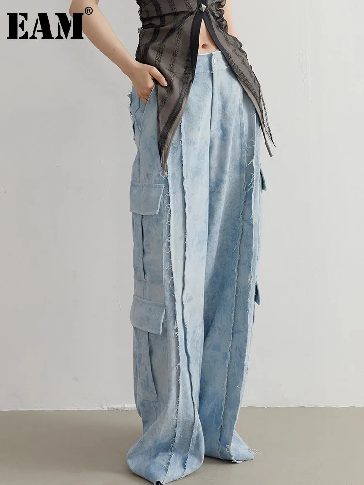 

[EAM] Low-waisted Blue Zipper Pockets Tie-dyed Wide Leg Jeans New Loose Women Trousers Fashion Tide Spring Autumn 2024 1DF6151
