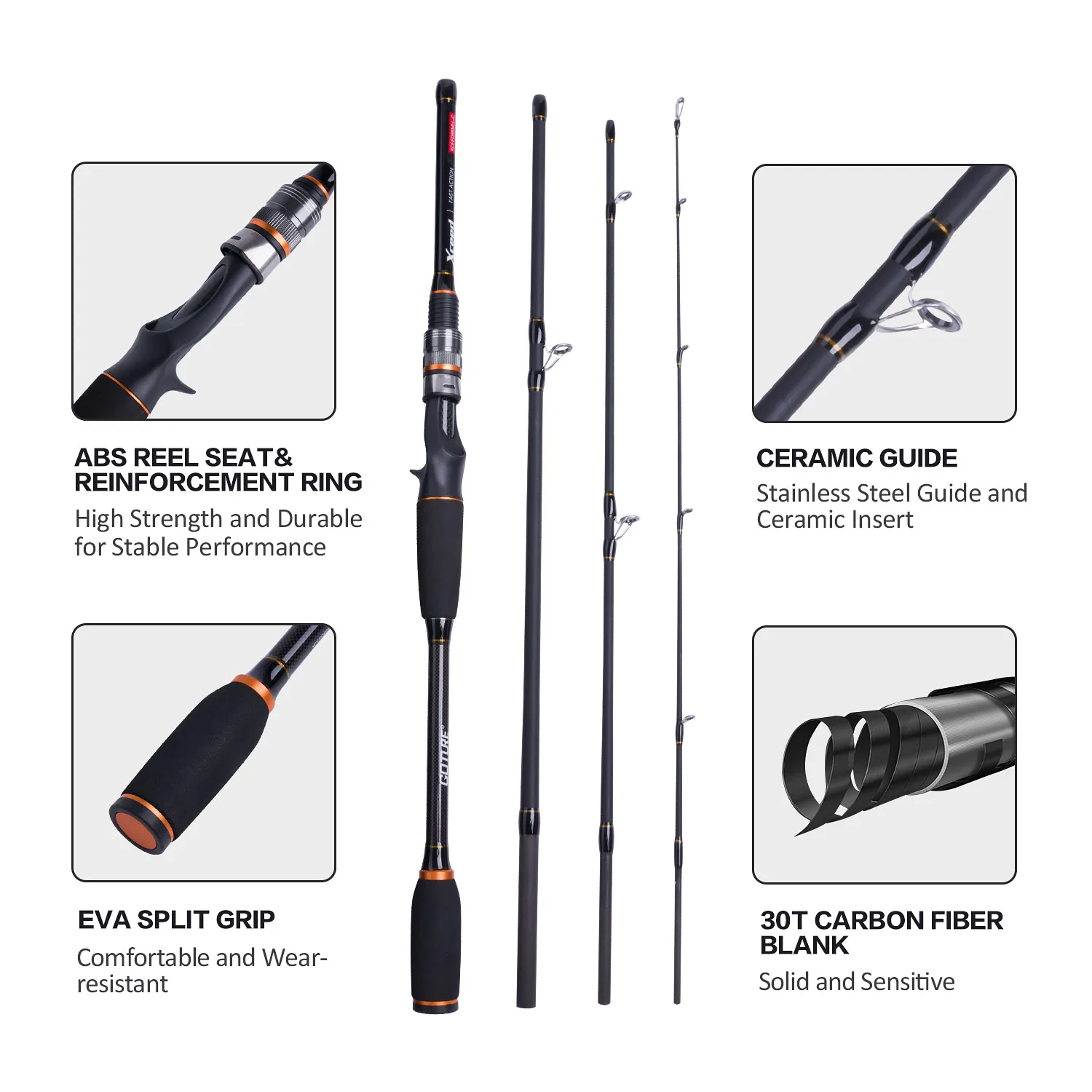 Spinning Fishing Rod Goture 1.98m-3.0m 4 Setions Carbon Fiber With Portable Bag