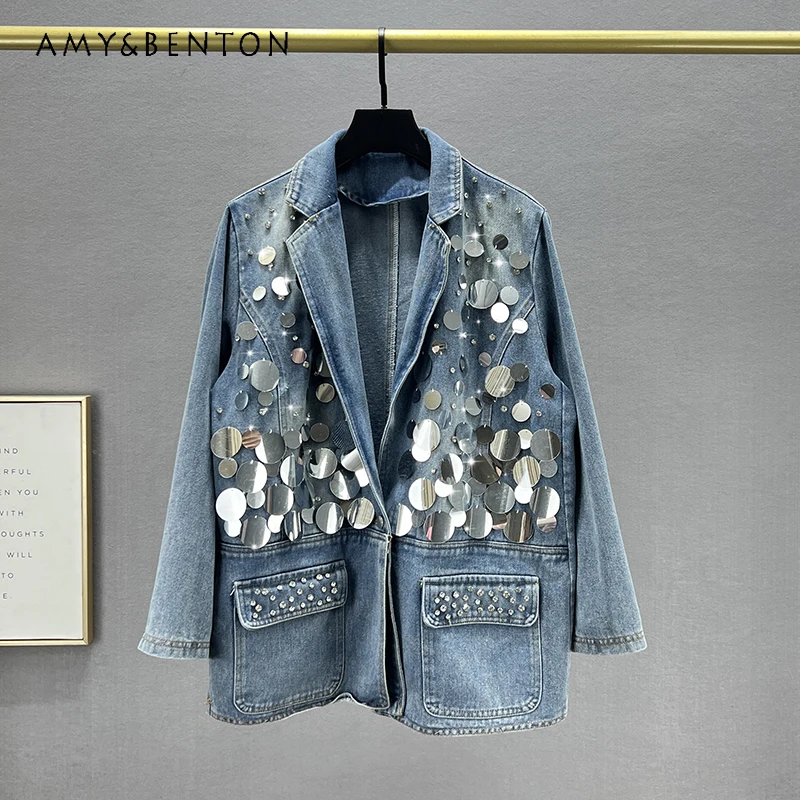 Fashion Style Crystal-Studded Sequins Denim Jacket For Women's clothes 2024 New Spring Loose Slimming Mid-Length Performance Top