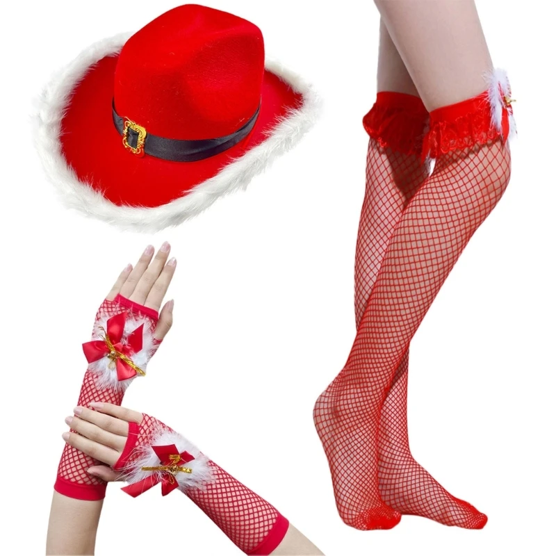 Chapeau Cowboy Sexy avec plumes, gants poignet en maille, bas, accessoires Photo, chapeau Cowboy noël,