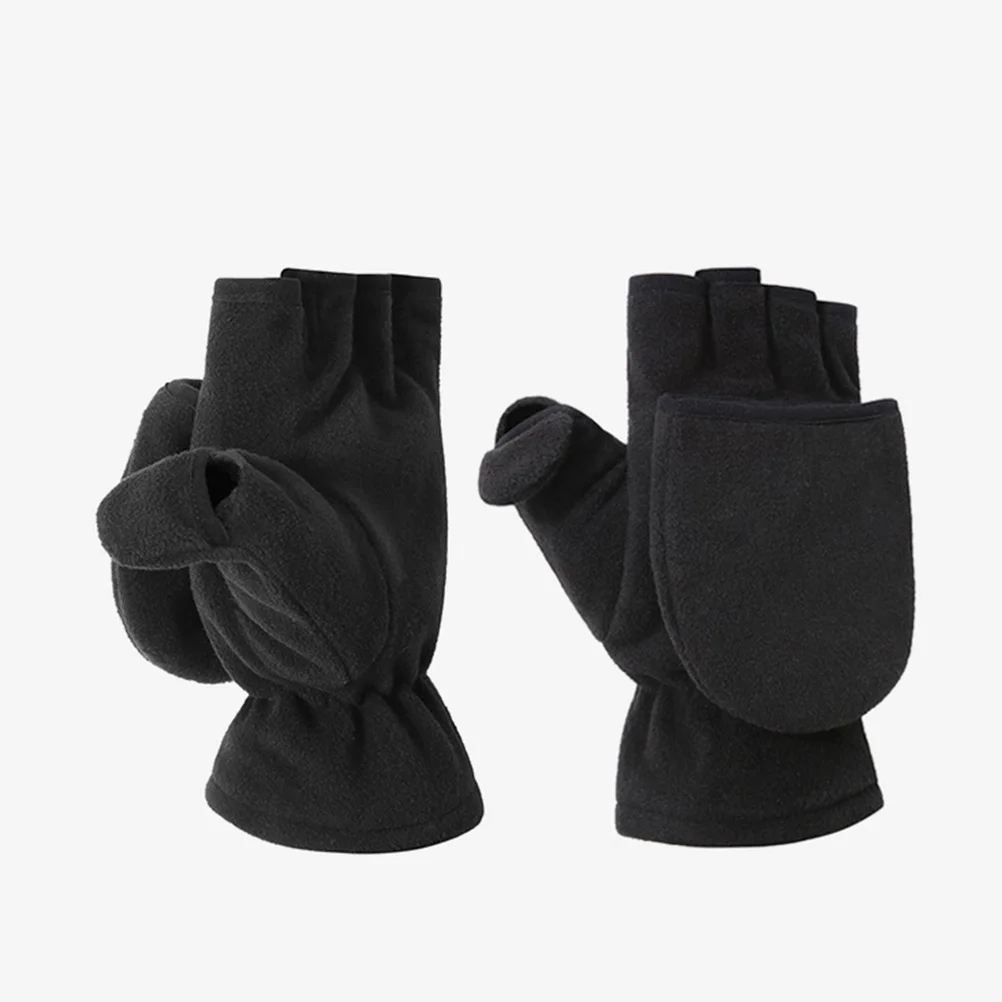 

Winter Keep Warm Cover Mitts Polar Fleece Half-finger Gloves with Button for Outdoor Indoor (Black)