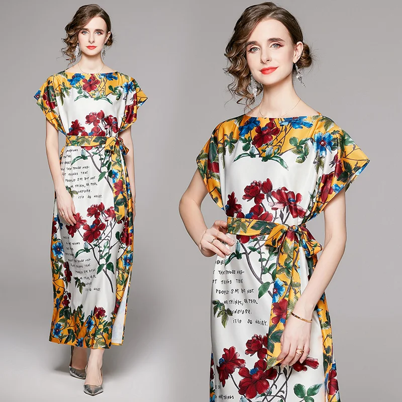 

Fashion Colorful Flower Printed Women Slash Neck Spring Summer Dresses Comfortable Loose Side Spilt Occident Casual Vestidos