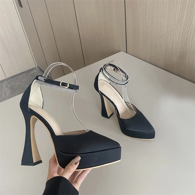 Vanessas crystal ankle strap high heels for women – solid silk pointed toe party pumps