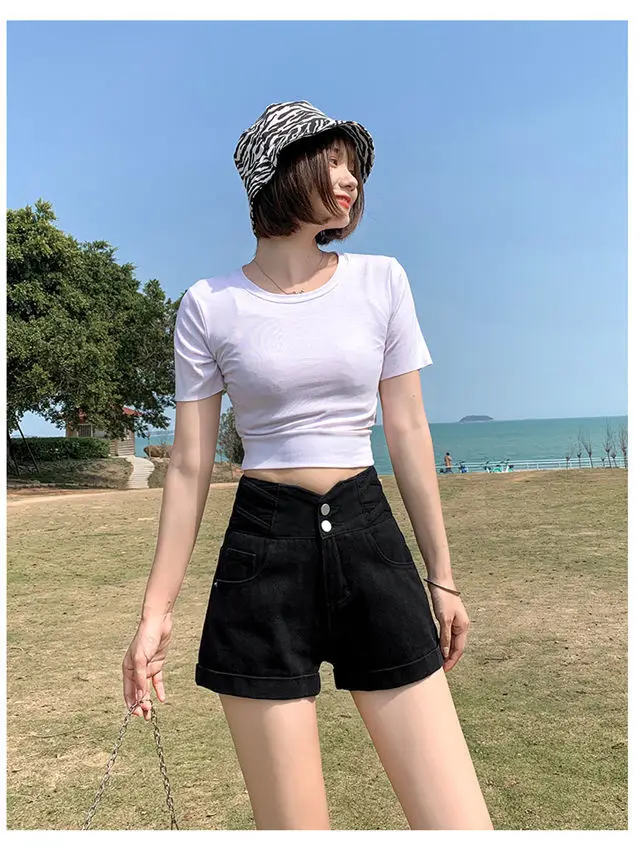 Fina a Linha Sólida Cintura Alta Macio Denim Shorts Feminino Solto Verão Nova Seção Fina Ampla Perna Rua Calças Quentes 2022 Cor 4 Online shopping