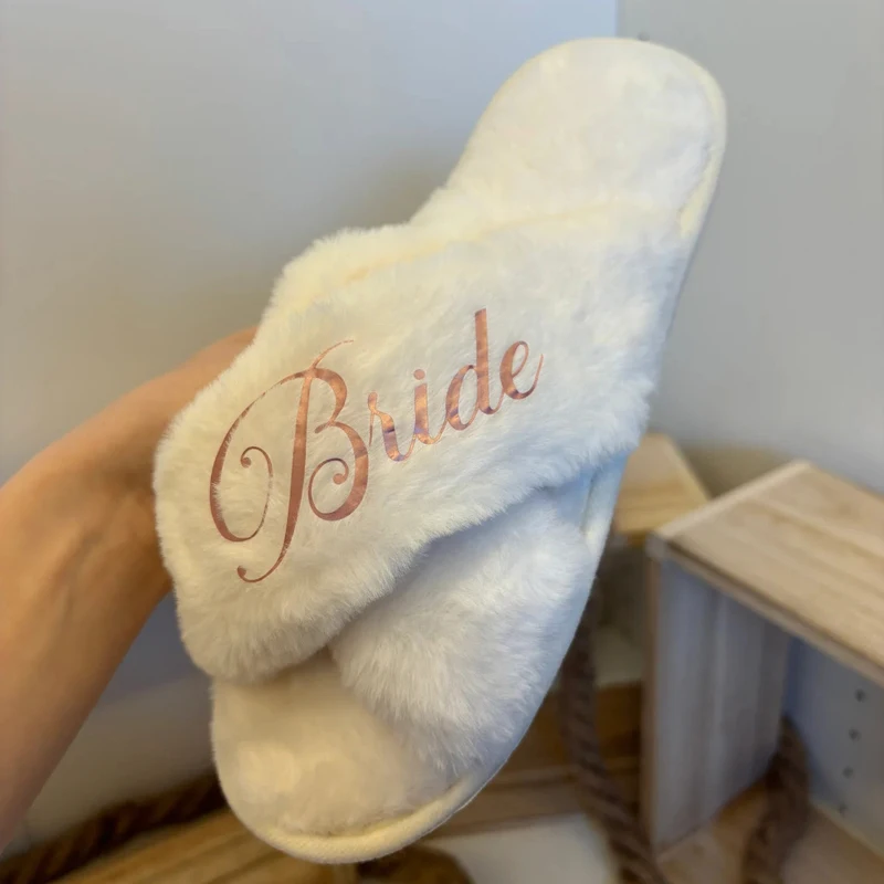 Custom Bridesmaid Fluffy Cross Plush Open Toe Cozy Slippers Maid of Honor Gift Bridal Shower Wedding Bachelorette Party Slippers 4