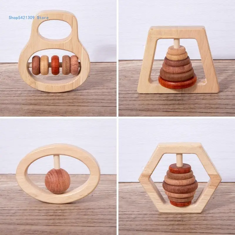 85WA Baby Rattle Wooden Handbell Soother Beech Pacifier Teether Toddler Learning Toy