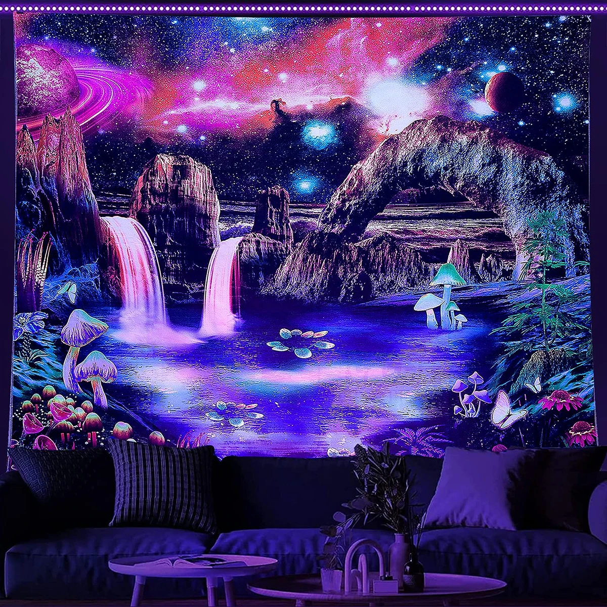 

Blacklight Beautiful Starry Sky Planets Tapestry For Bedroom Waterfall Mountain landscape Tapestry Wall Hanging Home Decoration
