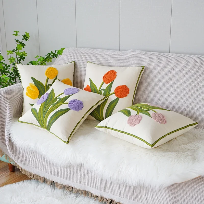 1PC Tulips Orchid flower Embroidered Pillowcase Cushion Cover Morden Casual Cotton Case Sofa Bedroom Decro 45x45cm