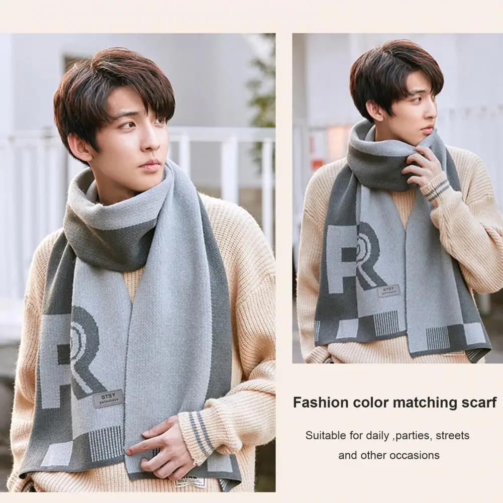 Letter Print Scarf Men's Thickened Knitted Winter Scarf with Windproof Cold-proof Long Wide Color Matching for Warmth Shawl 2 pcs set coat suit long pants men suit snap fastener cuff practical tear resistant sun proof sports suit for men