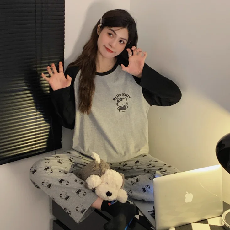 캐주얼 헬로 키티 용수철 긴팔 잠옷 세트, 블랙 그레이 컬러, 긴 잠옷 세트, 겨울 따뜻한 홈웨어 잠옷, 가을 신상