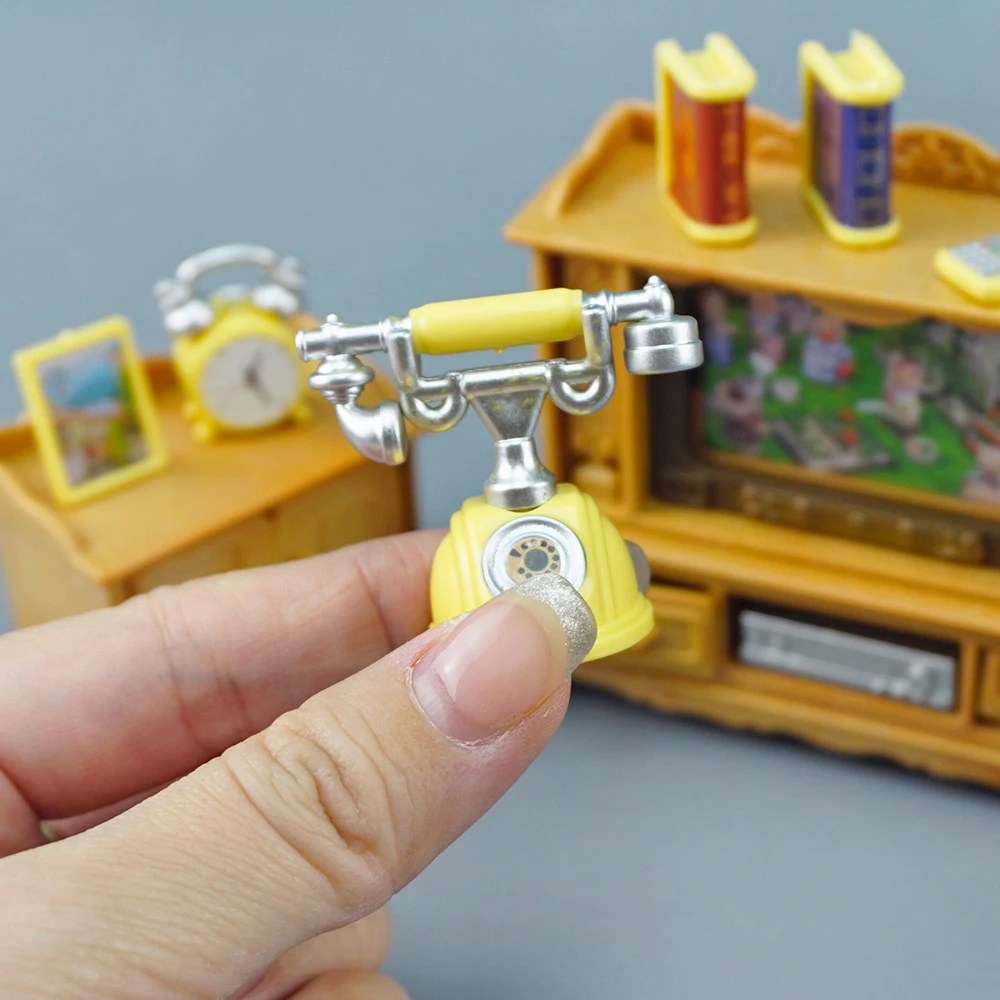 Miniature Living Room 1:12 TV Cabinet Phone Forest Family Alarm Clock Dollhouse Furniture Accessories DIY Decor For Girl Gift 3