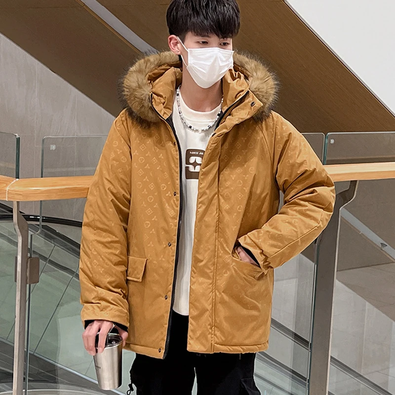 Winter Padding Men Luxury 2024 Korean Print Loose Casual Windproof Thick Warm Short Fur Hooded Parka Puffer Jacket Men Clothes