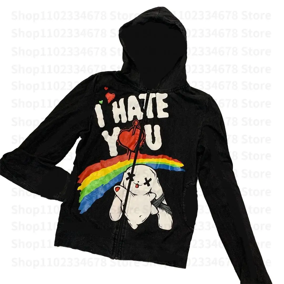 Felpa Con Cappuccio Zip Up Y2K Vintage - Giacca Anni 2000 Ricamata, Stile Grunge E Retro Mall Goth Per Uomo E Donna, Autunno - 2