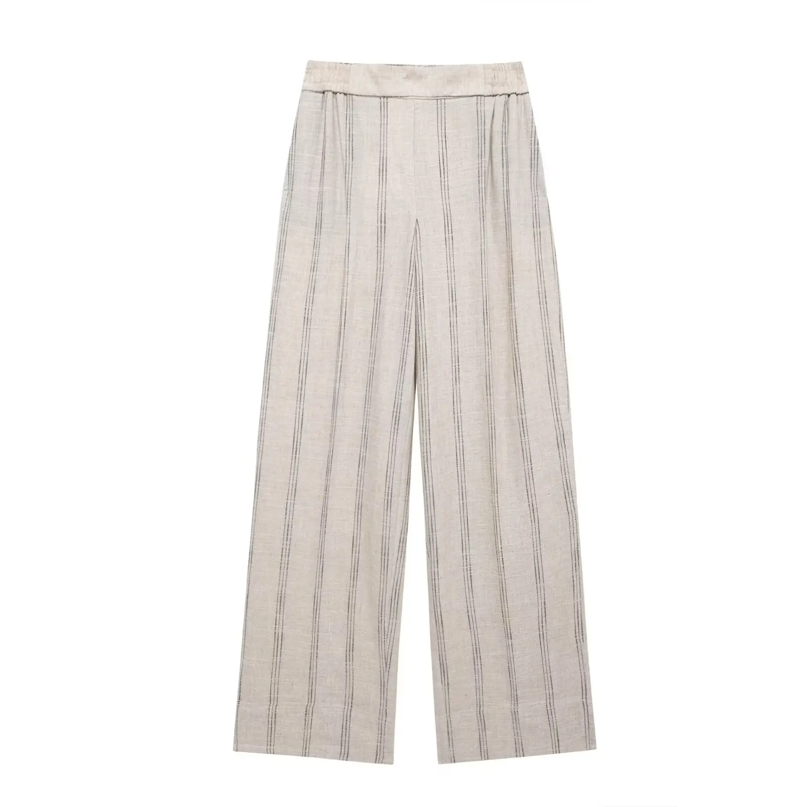 thumbnail image 1 of HH TRAF 2024 Pantalones de mujer con bolsillos laterales y cintura elástica a la moda para desplazamientos diarios Pantalones anchos a rayas de mezcla de lino de verano para mujer, 1 of 5