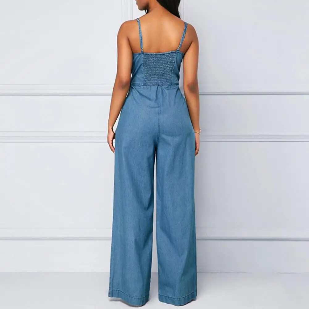 Lady Jumpsuit  Bow-knot Decor  Sleeveless  Straight Pants  V Neck Hollow Out Summer Denim Romper  Female Clothes