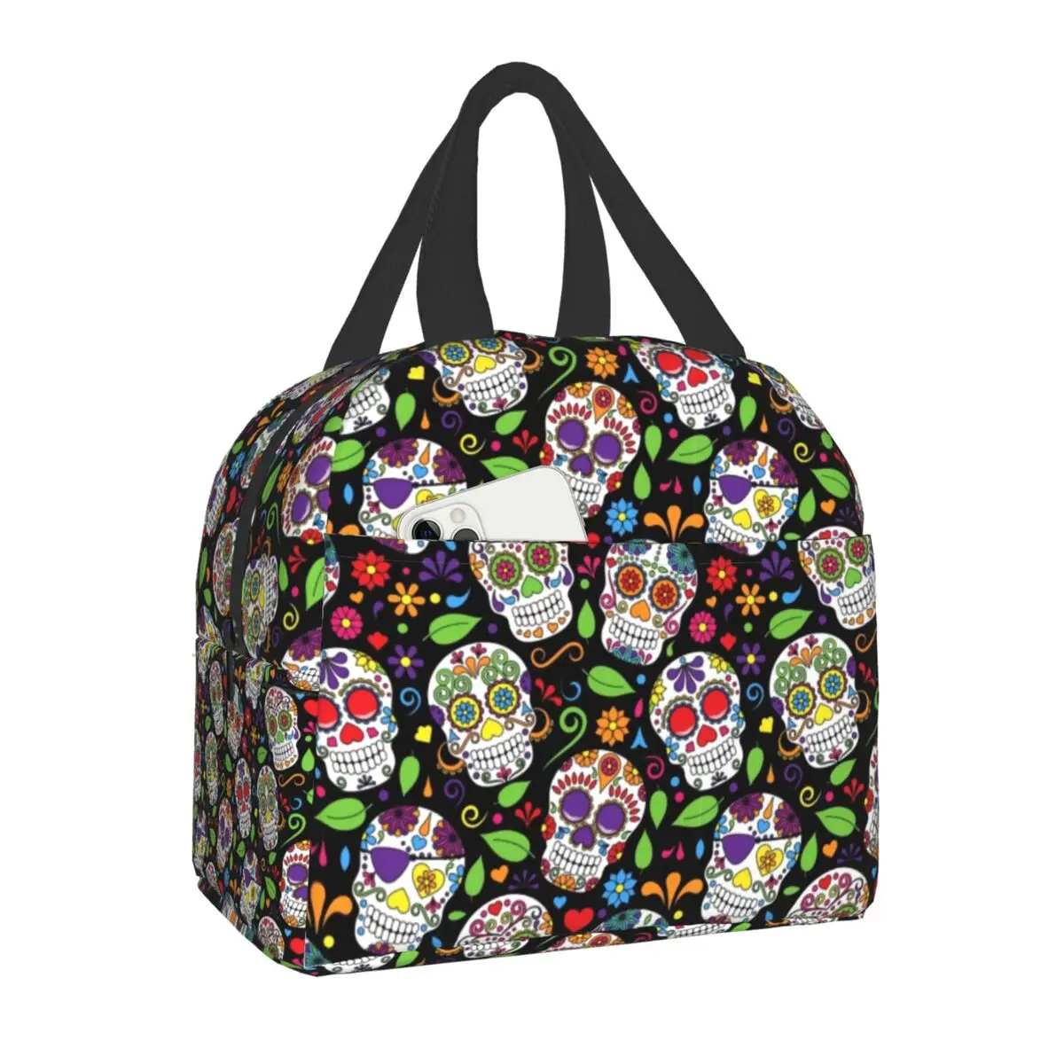 

Day Of The Dead Mexican Sugar Skull Insulated Lunch Bag Waterproof Halloween Cooler Thermal Lunch Box for Women Work School Food